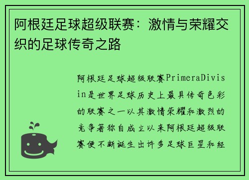 阿根廷足球超级联赛：激情与荣耀交织的足球传奇之路